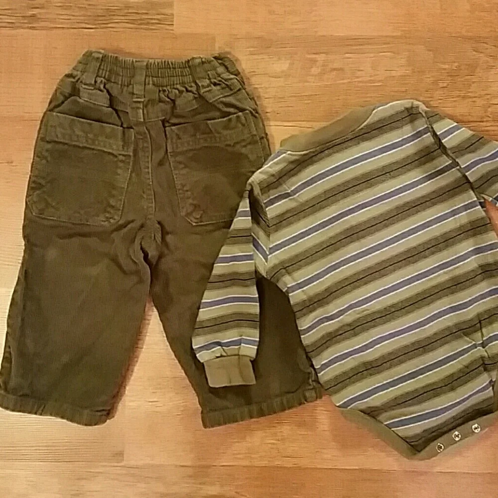 Faded‎ Glory Green Striped Onesie with Matching Cherokee Corduroy Pants 12M
